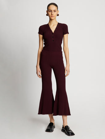 Front full length image of model wearing Rib Knit Pants in PLUM