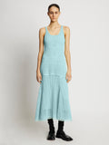 Front full length image of model wearing Open Knit Dress in PALE BLUE