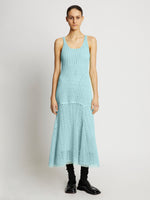 Front full length image of model wearing Open Knit Dress in PALE BLUE