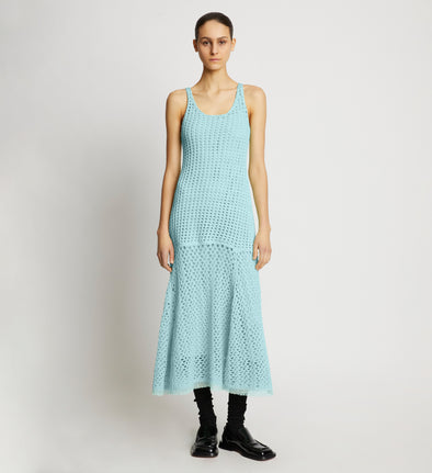 Front full length image of model wearing Open Knit Dress in PALE BLUE