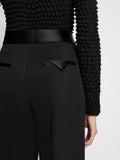 Detail image of model wearing Wool Twill Satin Trim Pants in BLACK