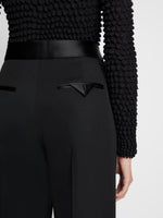 Detail image of model wearing Wool Twill Satin Trim Pants in BLACK