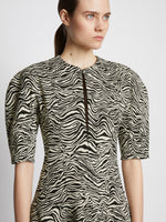 Detail image of model wearing Stretch Zebra Jacquard Dress in BLACK/ECRU