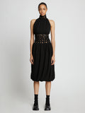 Front full length image of model wearing Crepe Jersey Crochet Waist Dress in BLACK