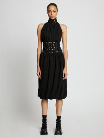 Front full length image of model wearing Crepe Jersey Crochet Waist Dress in BLACK