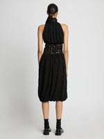 Back full length image of model wearing Crepe Jersey Crochet Waist Dress in BLACK