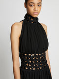 Detail image of model wearing Crepe Jersey Crochet Waist Dress in BLACK