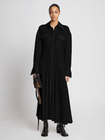 Front full length image of model wearing Pleated Matte Jersey Shirt Dress in BLACK