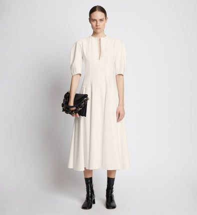 Front full length image of model wearing Cotton Viscose Zip Front Dress in ECRU