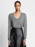 Front cropped image of model wearing Eco Superfine Merino Scoop Neck Sweater
 in GREY MELANGE