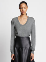 Front cropped image of model wearing Eco Superfine Merino Scoop Neck Sweater
 in GREY MELANGE