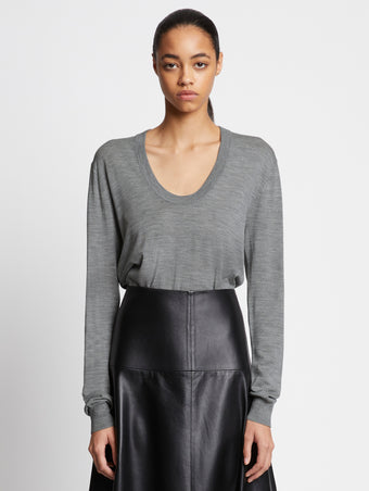 Front cropped image of model wearing Eco Superfine Merino Scoop Neck Sweater
 in GREY MELANGE