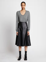 Front full length image of model wearing Eco Superfine Merino Scoop Neck Sweater
 in GREY MELANGE