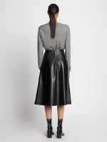 Back full length image of model wearing Eco Superfine Merino Scoop Neck Sweater
 in GREY MELANGE
