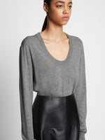 Detail image of model wearing Eco Superfine Merino Scoop Neck Sweater
 in GREY MELANGE