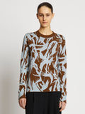 Front cropped image of model wearing Floral Silk Jacquard Sweater in FATIGUE MULTI