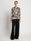 Front full length image of model wearing Floral Silk Jacquard Sweater in FATIGUE MULTI