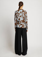 Back full length image of model wearing Floral Silk Jacquard Sweater in FATIGUE MULTI