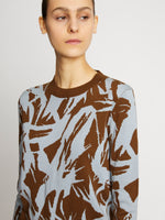 Detail image of model wearing Floral Silk Jacquard Sweater in FATIGUE MULTI