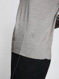 Detail image of model wearing Eco Superfine Merino Sweater in GREY MELANGE