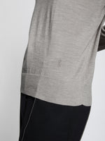 Detail image of model wearing Eco Superfine Merino Sweater in GREY MELANGE