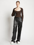 Front full length image of model wearing Faux Leather Drawstring Cargo Pants in BLACK