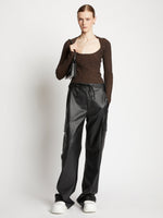 Front full length image of model wearing Faux Leather Drawstring Cargo Pants in BLACK