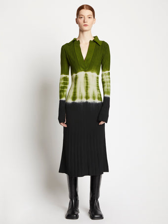 Front full length image of model wearing Dip Dye Knit Dress in LEAF/BLACK