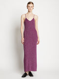 Front full length image of model wearing Lurex Maxi Dress in MAGENTA/SILVER