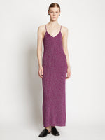 Front full length image of model wearing Lurex Maxi Dress in MAGENTA/SILVER