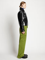 Proenza Schouler Side full length image of model wearing Lacquared Fleece Collar Jacket in Black