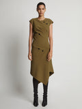 Front full length image of model wearing Matte Viscose Crepe Spiral Dress in FATIGUE