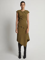 Front full length image of model wearing Matte Viscose Crepe Spiral Dress in FATIGUE