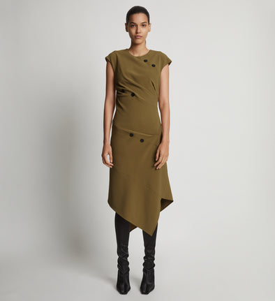Front full length image of model wearing Matte Viscose Crepe Spiral Dress in FATIGUE