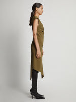 Side full length image of model wearing Matte Viscose Crepe Spiral Dress in FATIGUE