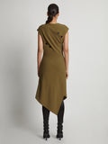 Back full length image of model wearing Matte Viscose Crepe Spiral Dress in FATIGUE