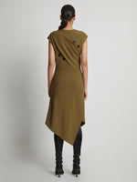 Back full length image of model wearing Matte Viscose Crepe Spiral Dress in FATIGUE