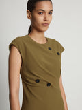 Detail image of model wearing Matte Viscose Crepe Spiral Dress in FATIGUE