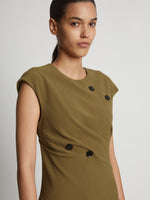 Detail image of model wearing Matte Viscose Crepe Spiral Dress in FATIGUE