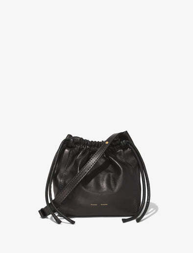 Front image of Drawstring Pouch in BLACK with strap down