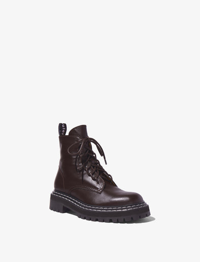 Front 3/4 image of Lug Sole Combat Boots in Dark Brown