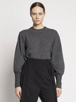 Front cropped image of model wearing Eco Cashmere Balloon Sleeve Sweater in GREY MELANGE