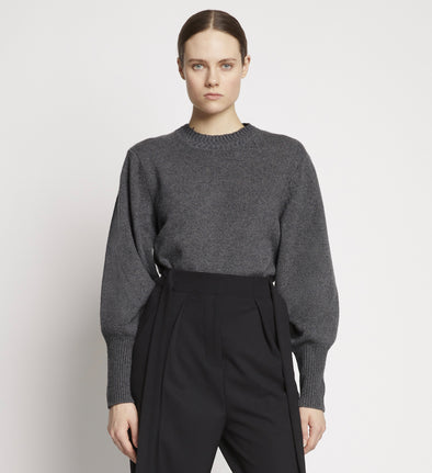 Front cropped image of model wearing Eco Cashmere Balloon Sleeve Sweater in GREY MELANGE