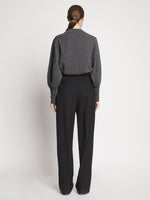 Back full length image of model wearing Eco Cashmere Balloon Sleeve Sweater in GREY MELANGE