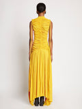 Back full length image of model wearing Viscose Jersey Sleeveless Cinched Dress in YELLOW