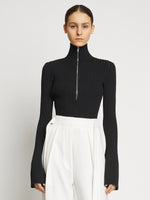 Proenza Schouler front cropped image of model wearing Viscose Rib Zip Sweater in black
