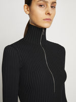 Proenza Schouler detail image of model wearing Viscose Rib Zip Sweater in black