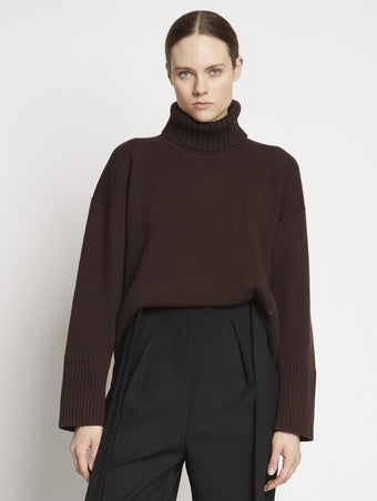 Front cropped image of model wearing Doubleface Cashmere Oversized Turtleneck in BROWN