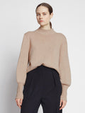 Front cropped image of model wearing Eco Cashmere Balloon Sleeve Sweater in OATMEAL