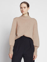 Front cropped image of model wearing Eco Cashmere Balloon Sleeve Sweater in OATMEAL